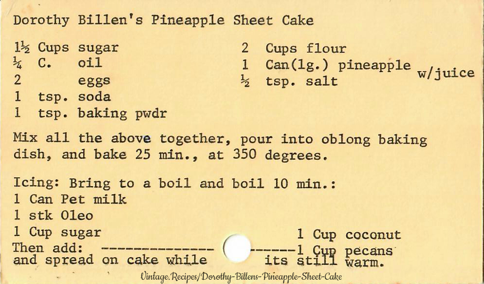 Dorothy Billen's Pineapple Sheet Cake