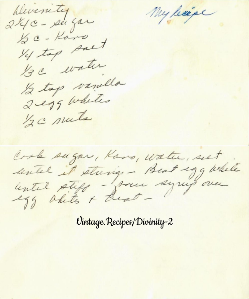 A vintage handwritten recipe card for Divinity.