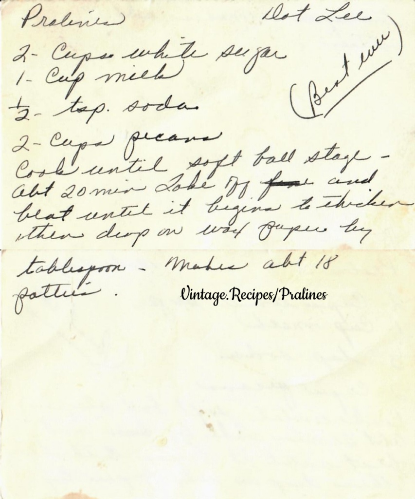 A handwritten recipe card for Pralines with pecans.